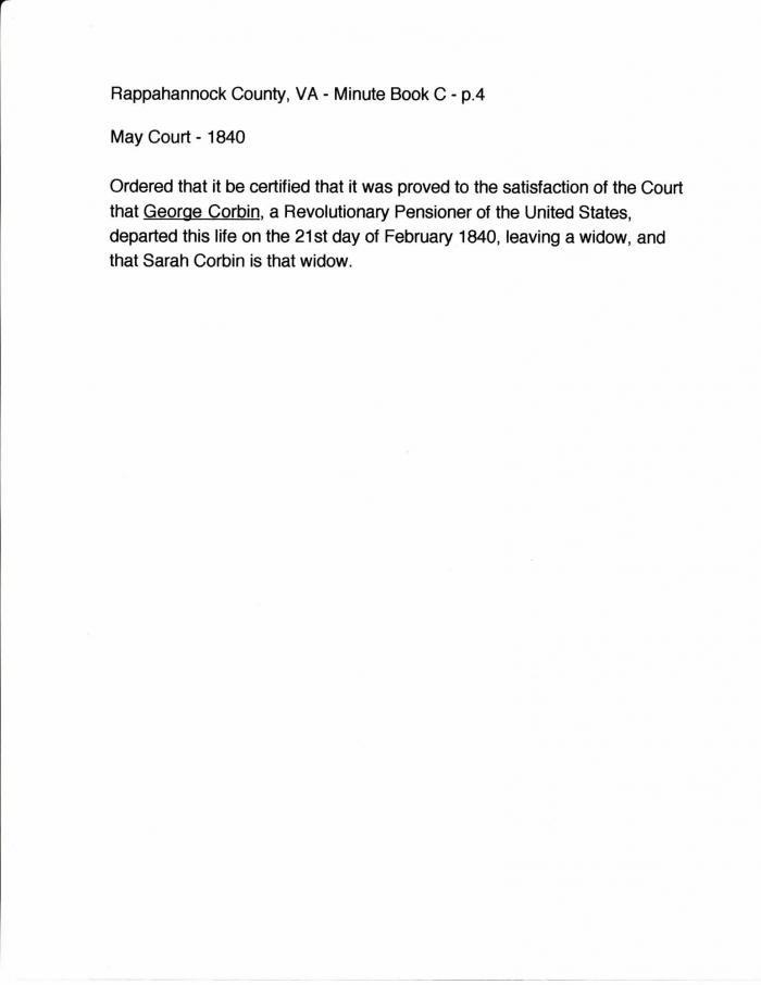 Rappahannock County Minute Book C. pg. 4 George Corbin