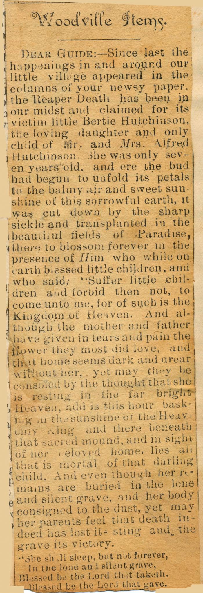 Obituary of Bertie Hutchinson in Woodville