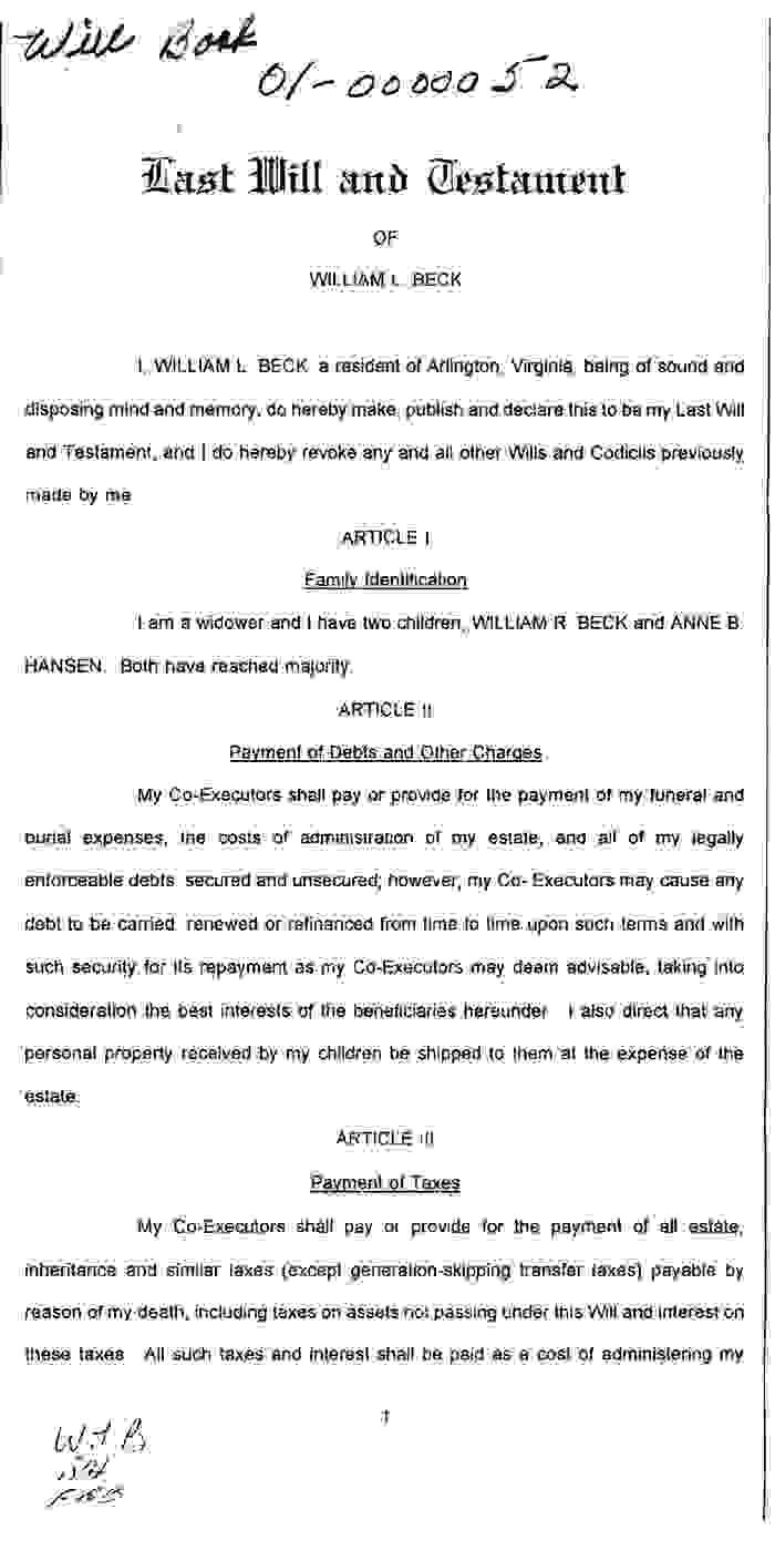 Rock Mills; Will of William L. Beck, October 17, 1995 