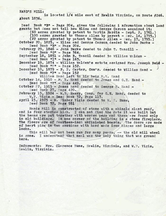 Hand's Mill, listing of deeds and description of building and location