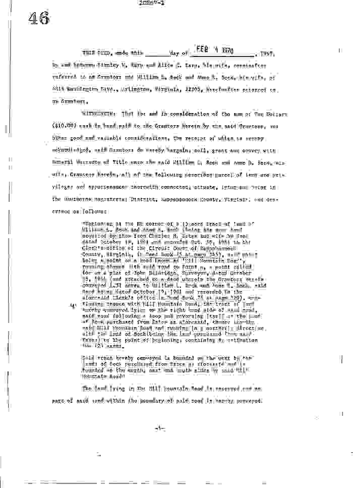 Walker Jenkins Mill; Stanley W.  & Alice C. Earp to William L. & Anne R. Beck; Rappahannock Deed book 97, pgs. 46-47