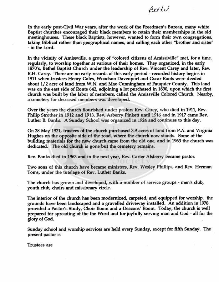 Information on Bethel Baptist Church