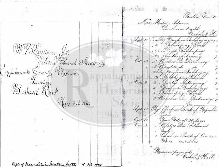 Copy of frontispiece to a book owned by William Byrd Eastham when he attended Wilson Branch Academy.