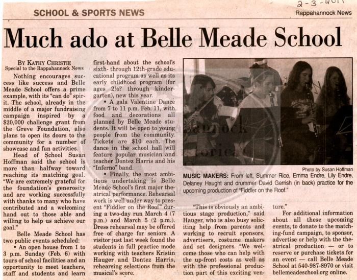 Belle Meade School; School presents "Fiddler on the Roof" as a fundraiser.