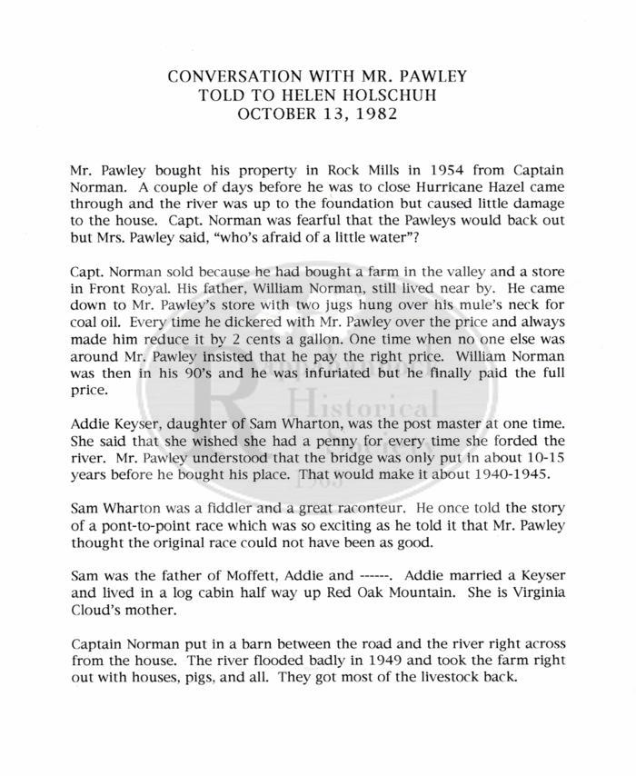 Rock Mills; 1982 interview with Mr. Pawley who owned the Rock Mills property and ran a store there.