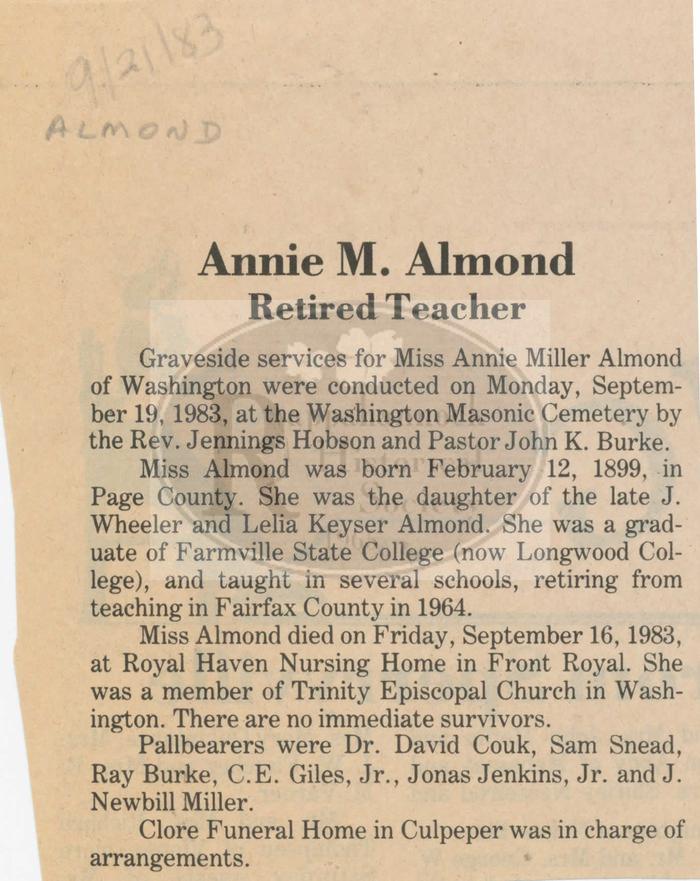 Obituary of Annie Miller Almond