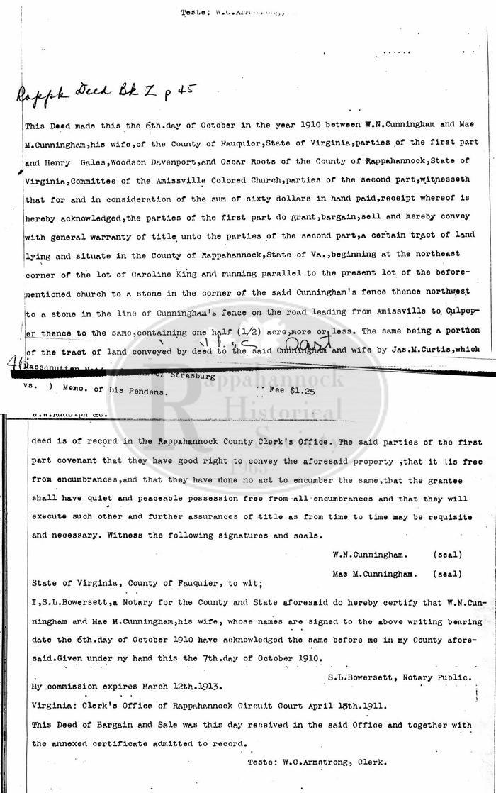 1910 Deed for Land Purchased by Bethel Baptist Church