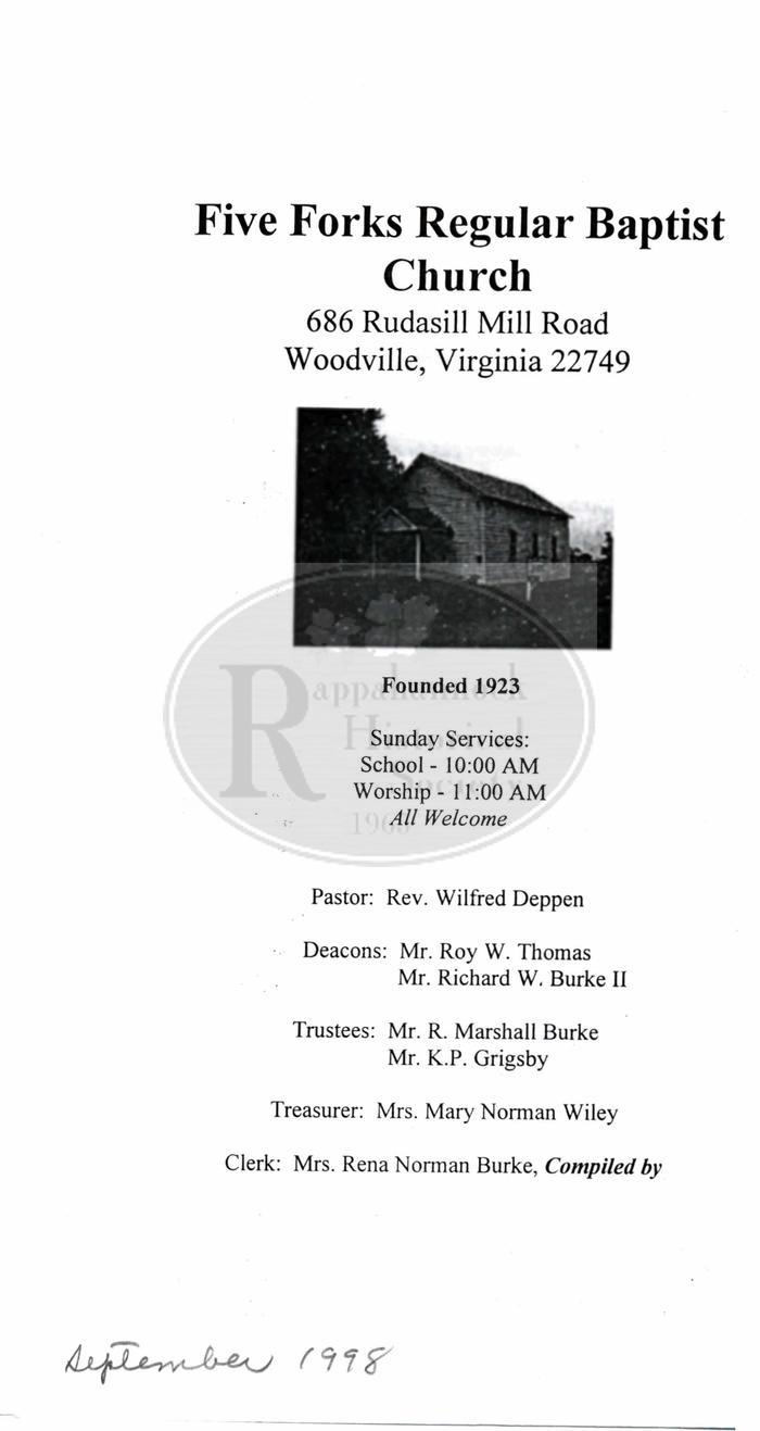 Five Forks Regular Baptist Church Bulletin September 1998