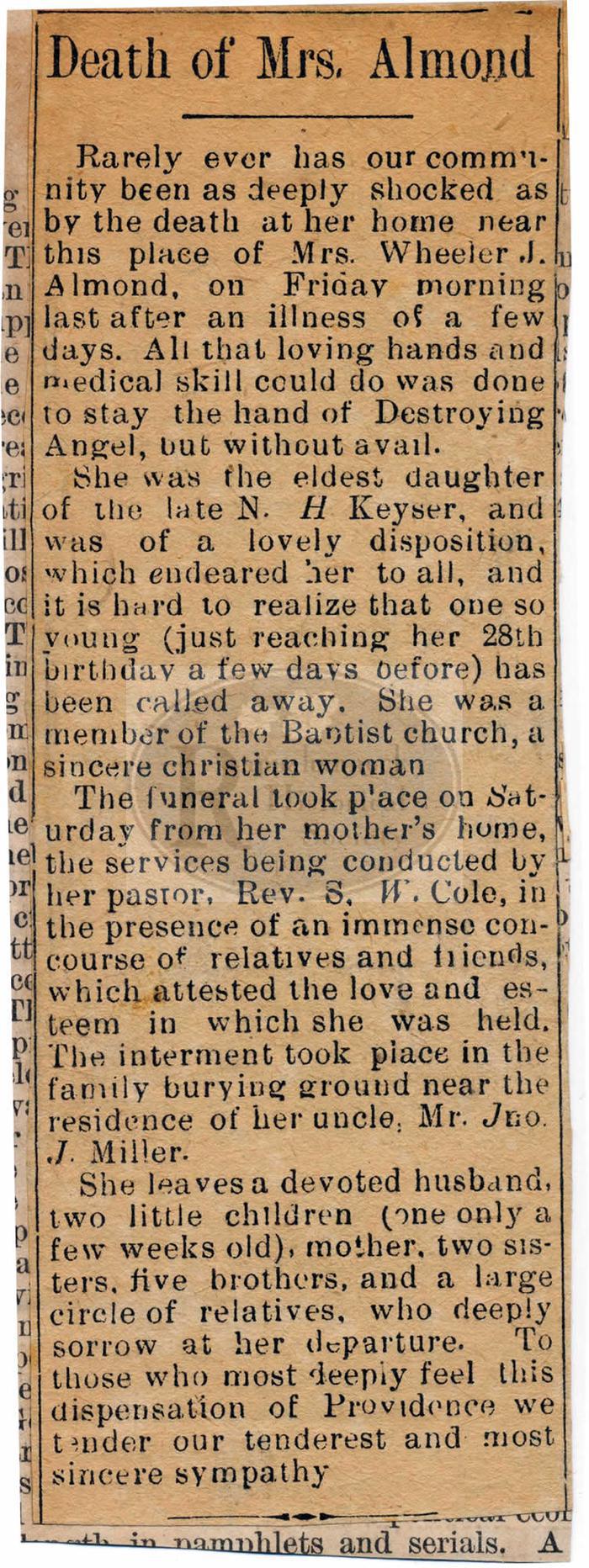 Death of Lelia Keyser Almond