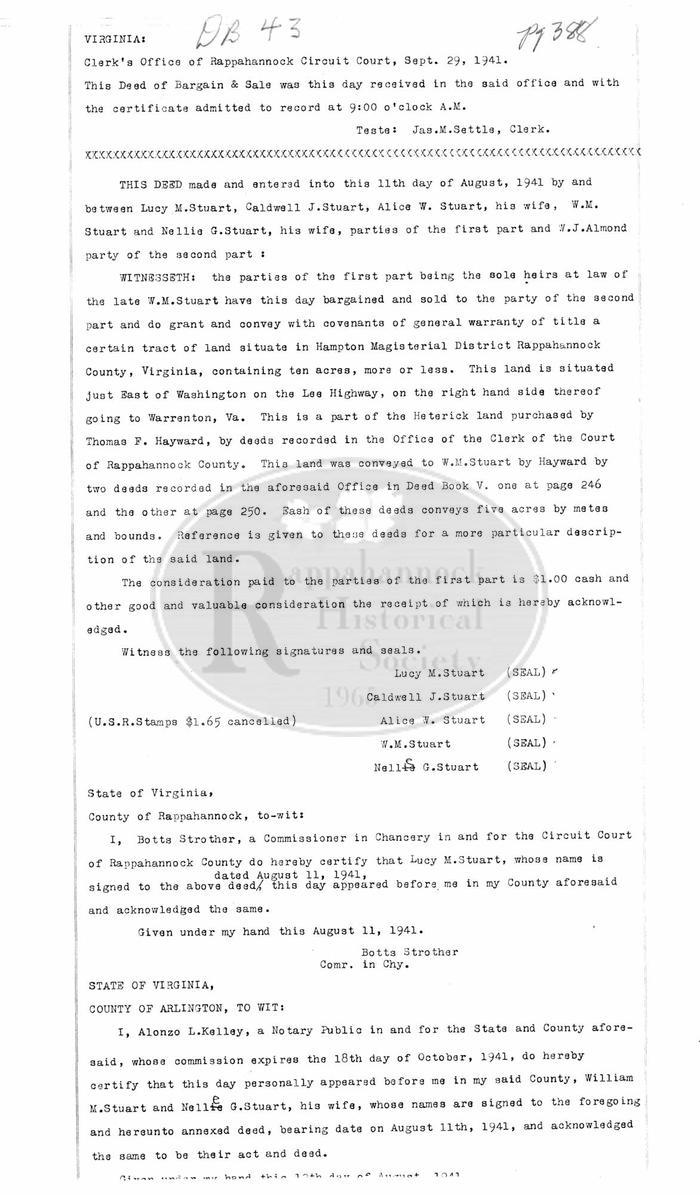 Rappahannock Deed Book 43, pg. 388