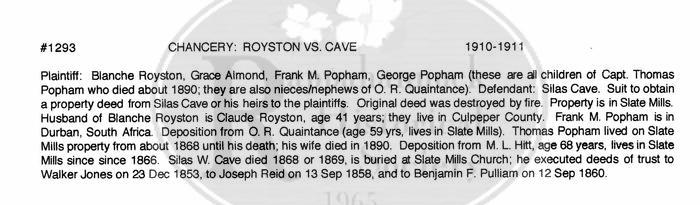 Abstract of Rappahannock County Chancery Record #1293