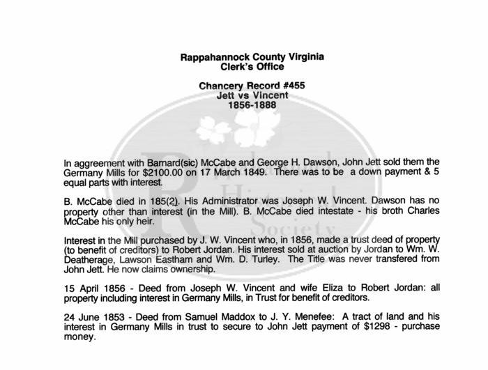 Germany Mills; Rappahannock County Chancery Record #455 Jett vs. Vincent