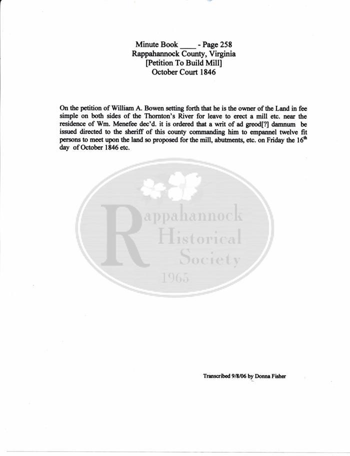 Yancey's Mill; Rappahannock County Minute Book, p. 158; petition of William A. Bowen to erect a mill