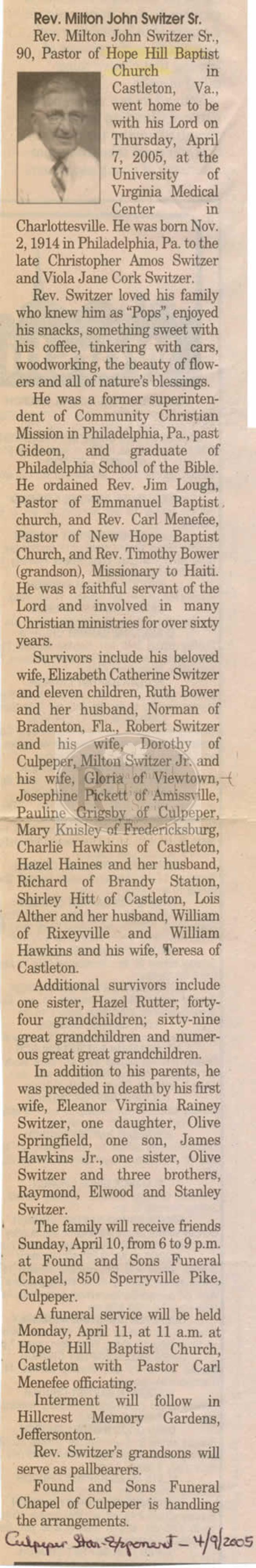 Obituary of the Reverend Milton John Switzer Sr.