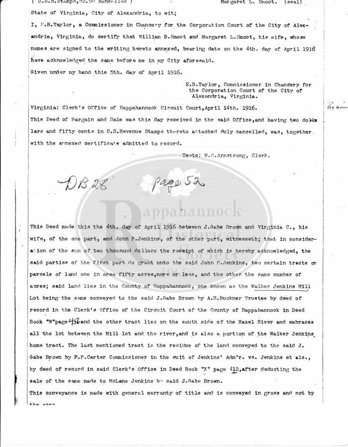 Walker Jenkins Mill; J. Gabe Brown & wife to John P. Jenkins, Rappahannock Deed Book 28, p.52 