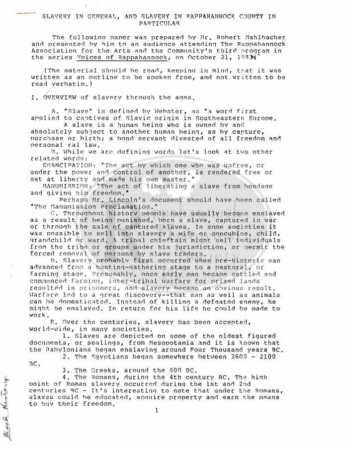 Outline for Program on Slavery Produced by RAAC