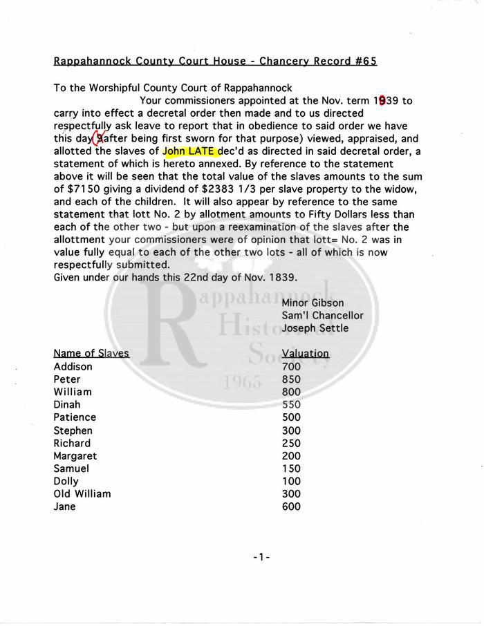 Rappahannock County Chancery Record #65