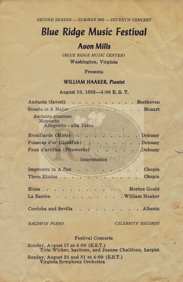 Program for Blue Ridge Music Festival at Avon (Baggarly, Rush) Mills, 1952