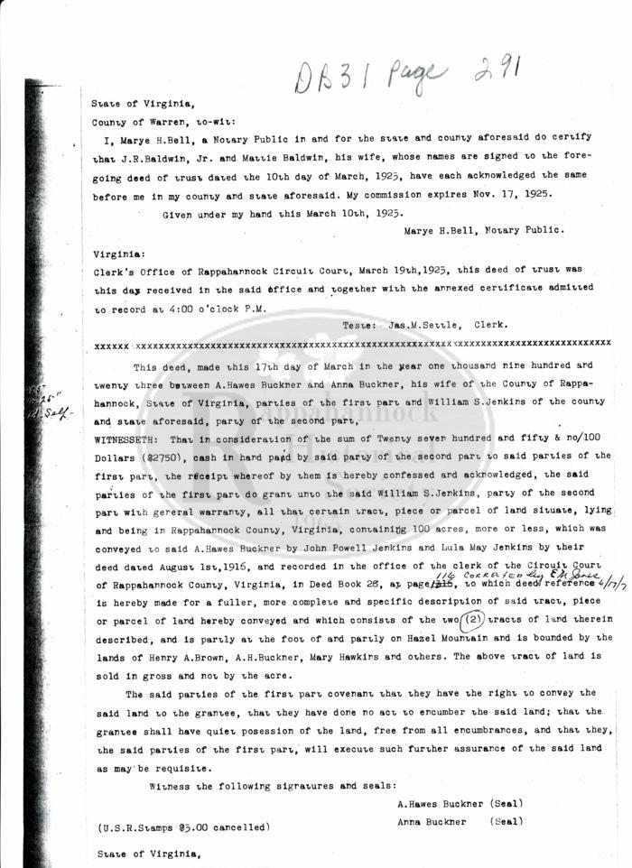 Walker Jenkins Mill; A. Hawes Buckner & wife Anna to William S.Jenkins,Rappahannock County Deed Book 31, p. 291