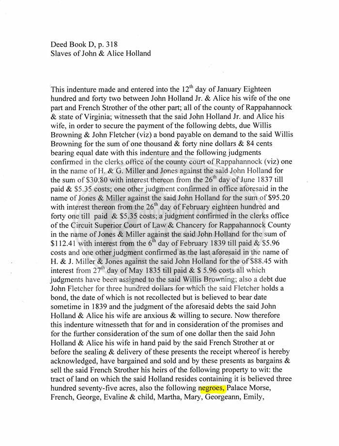 Rappahannock County Deed Book D p.318 Holland to Strother