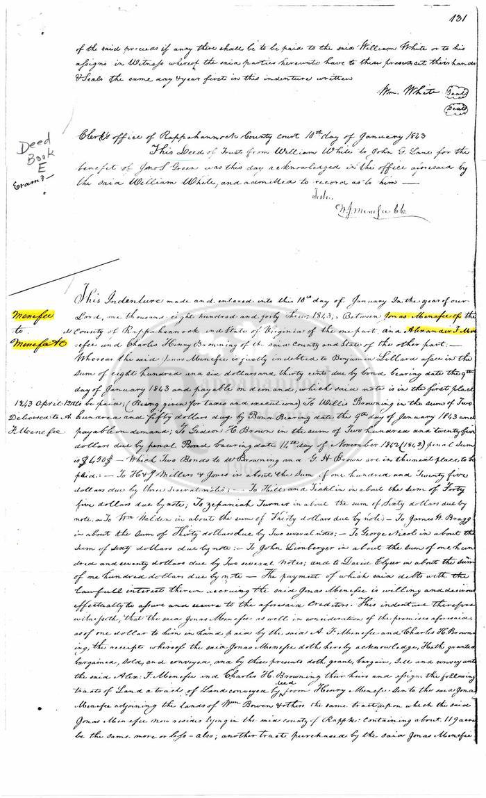 Rappahannock Deed Book E pgs. 131-132 Menefee to Menefee