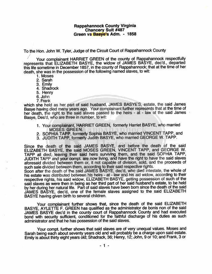 Rappahannock County Chancery Record #487 Green vs. Bayse