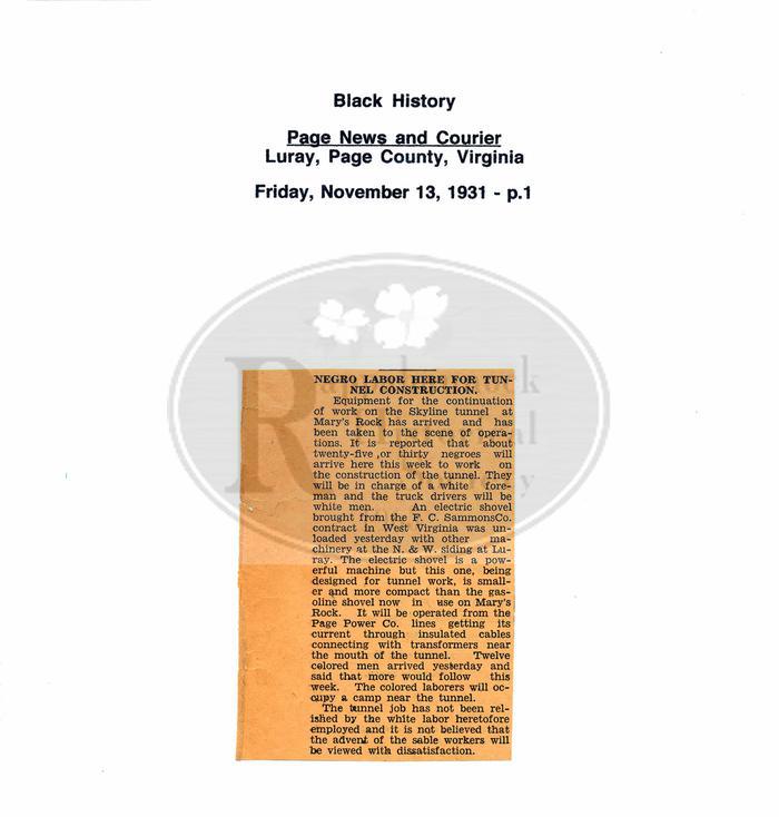 Announcement of "Negro" Labor to Work on Tunnel on Skyline Drive