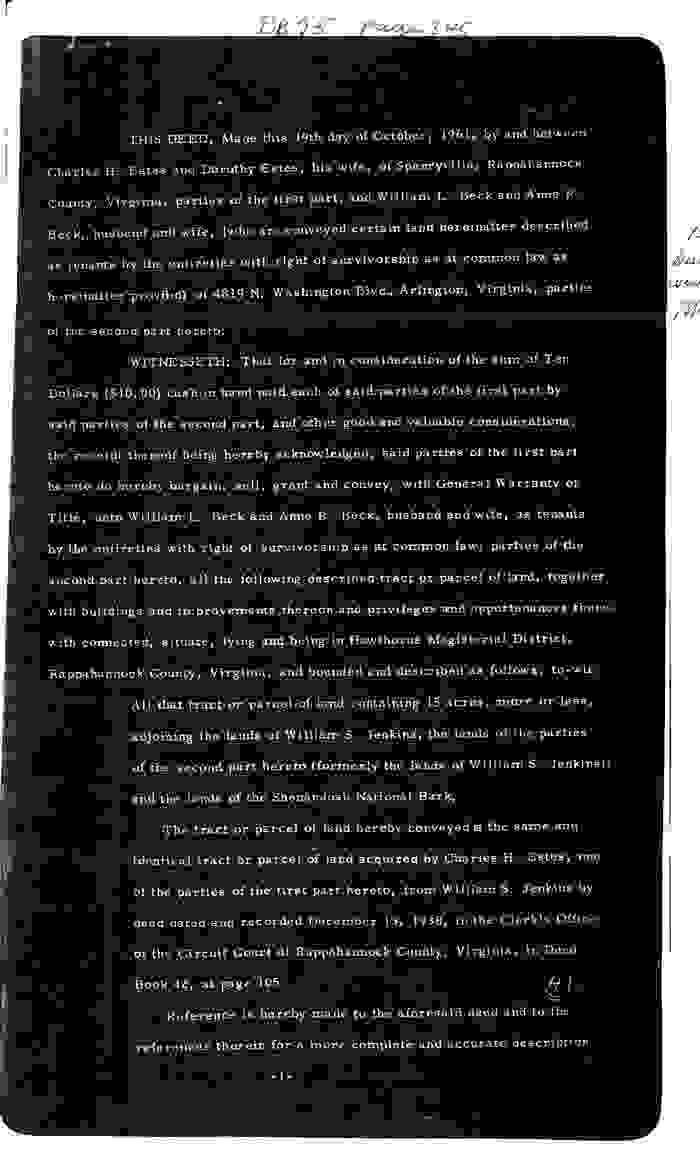 Walker Jenkins Mill; Charles H. Estes & Dorothy Estes to William L. & Anne R. Beck, Rappahannock Deed Book 75, p.345