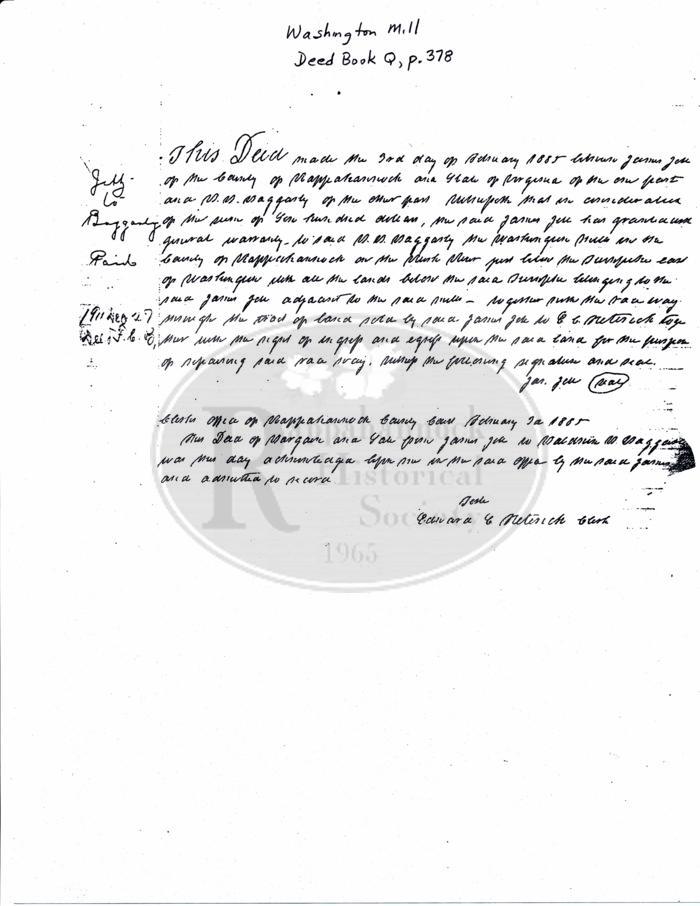 Washington Mill; James Jett to M. M. Baggarly, Rappahannock County Deed Book Q, p. 378