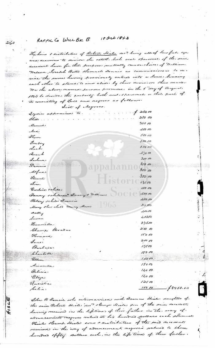 Division of the Slaves of Robert Hisle