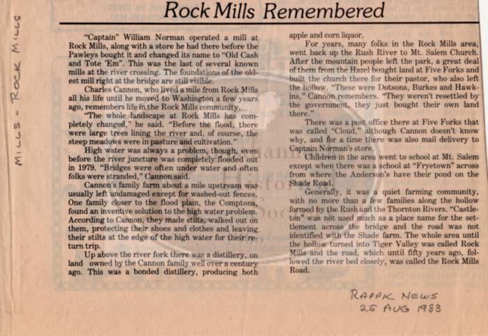 Rock Mills; Memories of the Rock Mills area from an interview with Charles Cannon 
