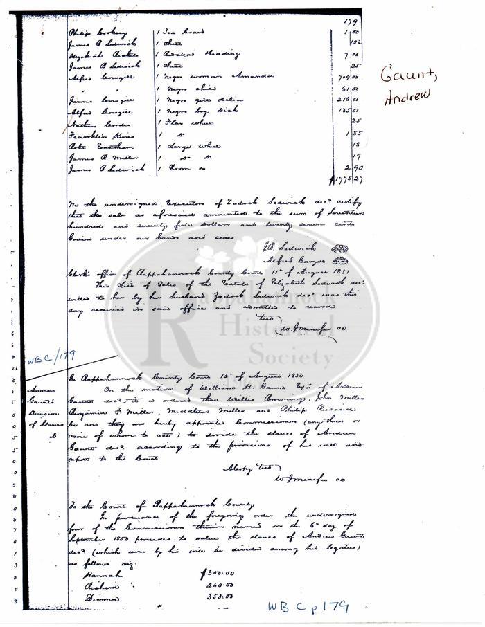 Valuation and Division of the Slaves of Andrew Gaunt