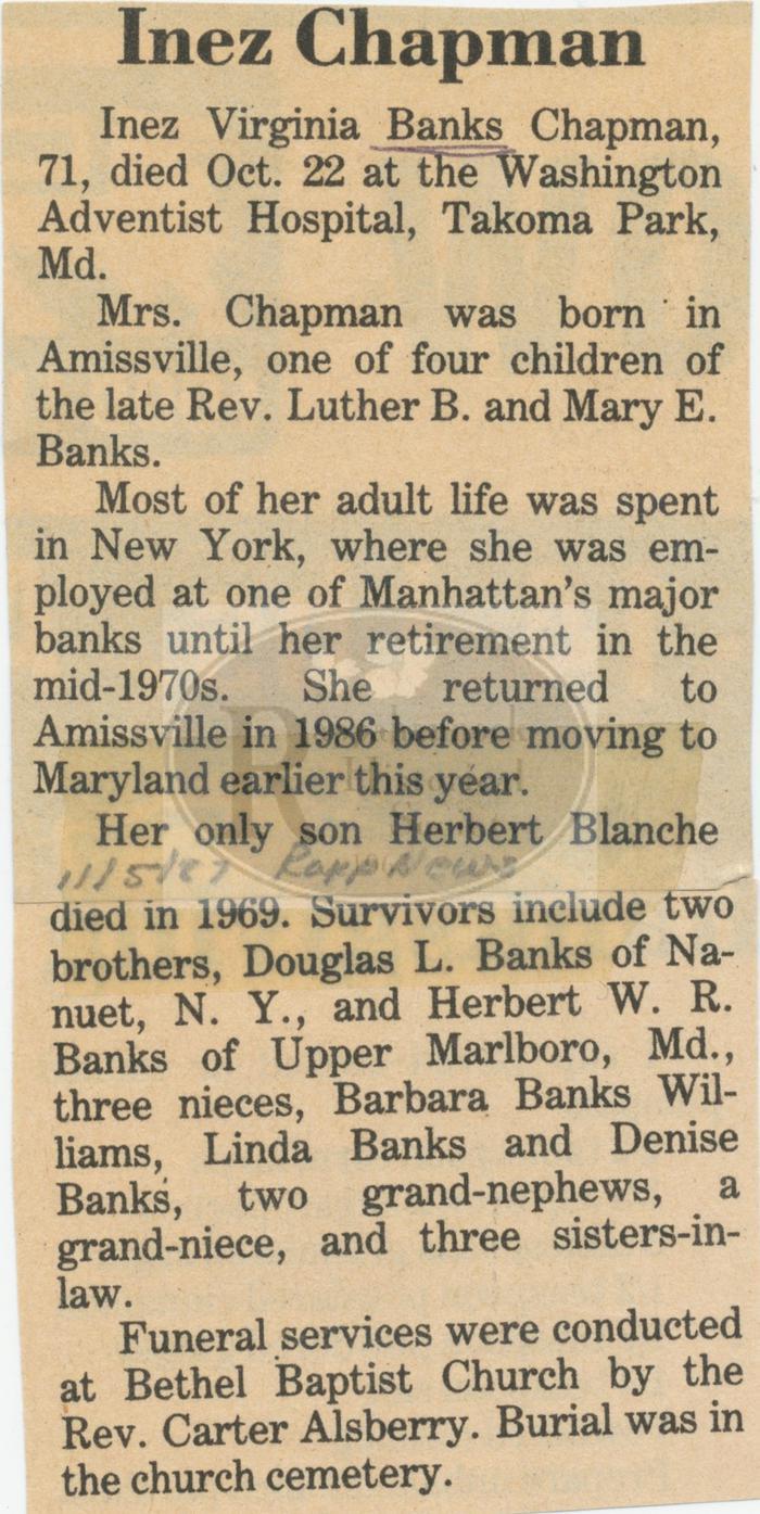 Obituary of Inez Chapman