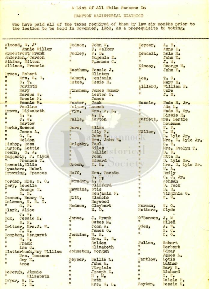 1938 List of White People Eligible to vote in Hampton Magisterial District