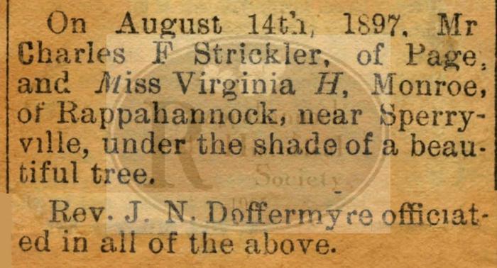 Marriage Announcement of Charles F. Strickler and Virginia H. Monroe