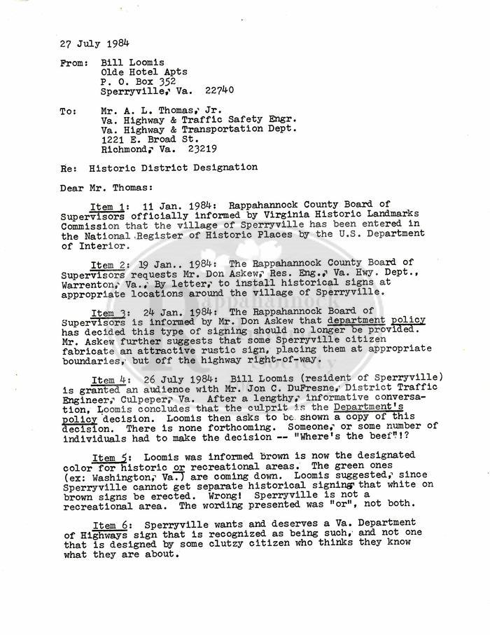Letters Regarding the Installation of Historic District Signs in Sperryville