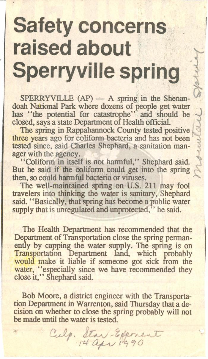 Safety of Shenandoah National Park Spring Questioned