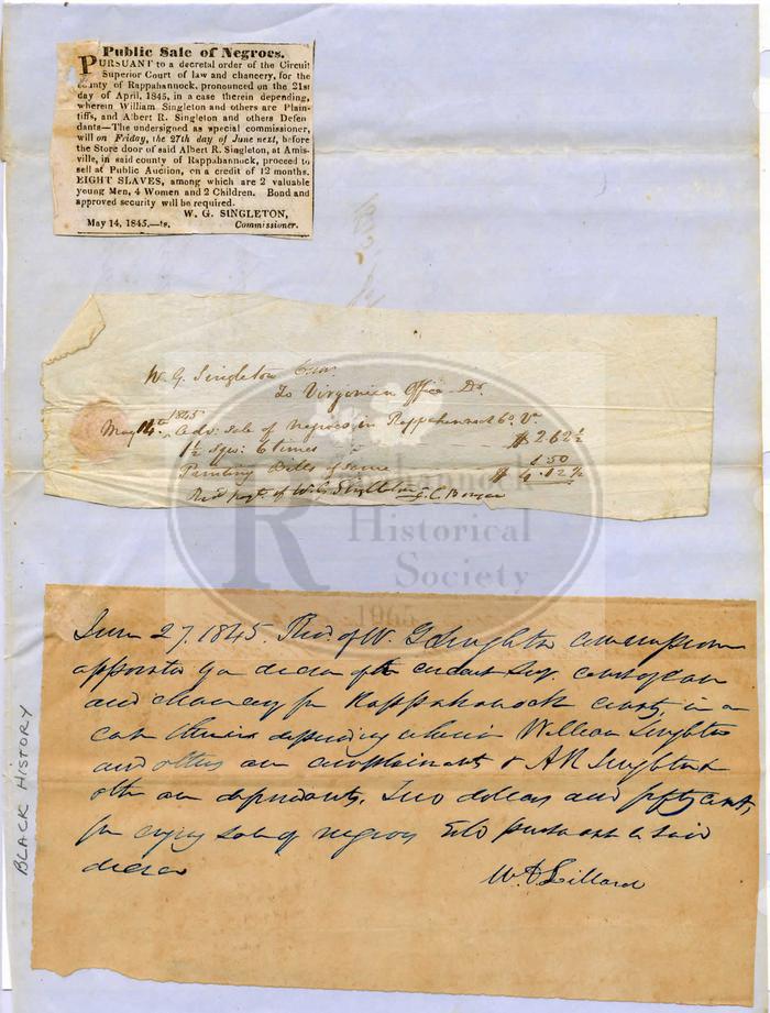 Notice of Public Sale of Eight Slaves on June 27, 1845.