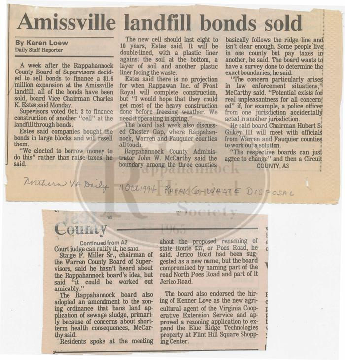 Amissville Landfill Bonds Solds