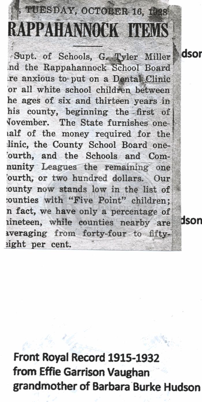 Dental Clinic to be opened for all white children in Rappahannock County Schools.