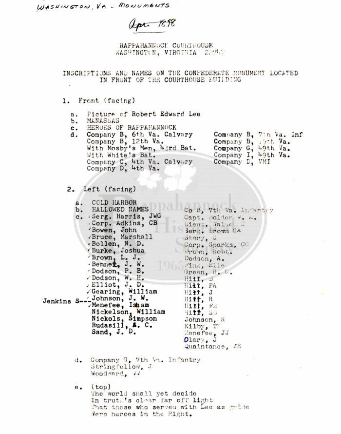 Inscriptions on Rappahannock's Civil War Monument