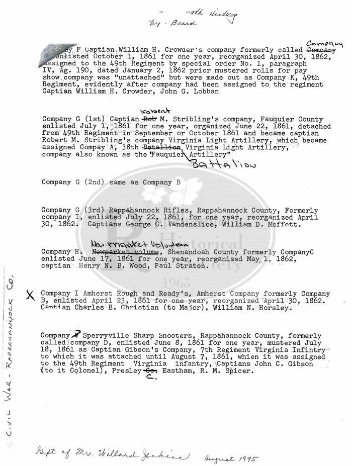 Excepts from A History of the 49th Regiment & List of Field & Staff of 49th Reg. VA Volunteers C.S.A.