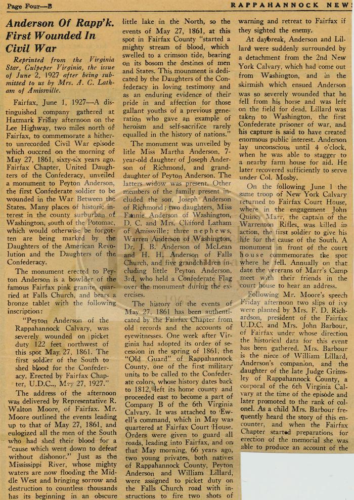 Peyton Anderson first Confederate Soldier to be Wounded in the Civil War