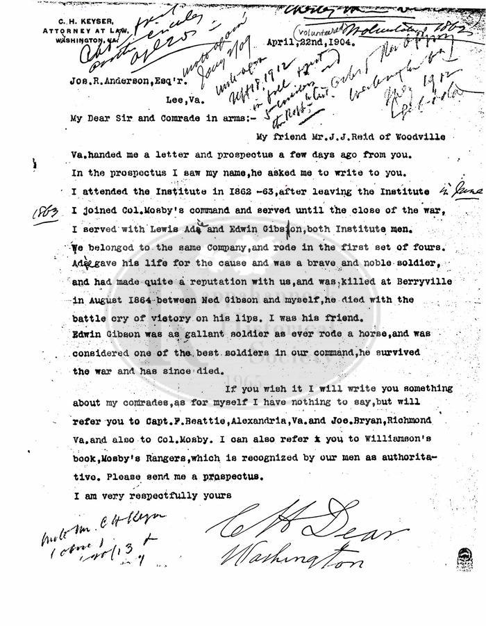 Letters from Charlie Dear to Joseph Reid Anderson