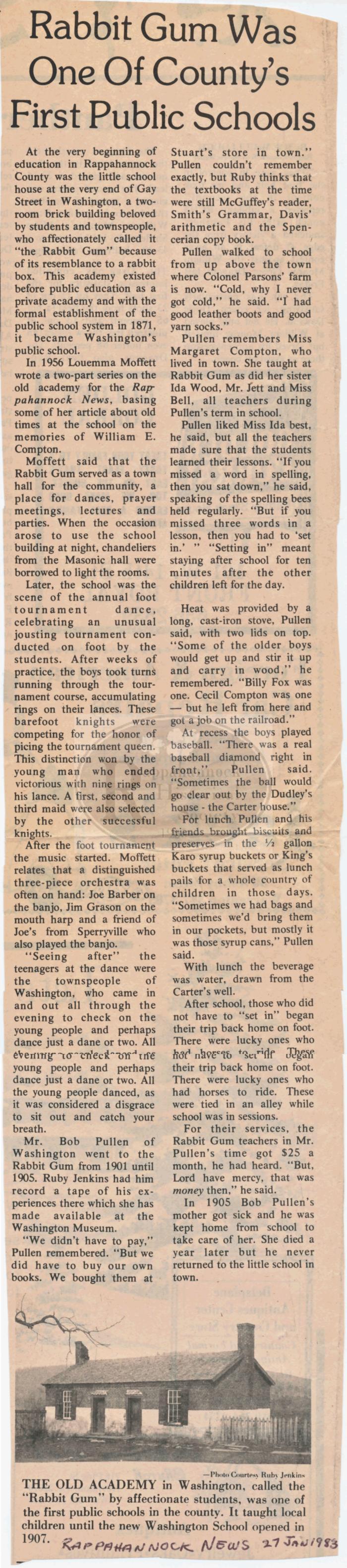 Rappahannock News article on Rabbit Gum School