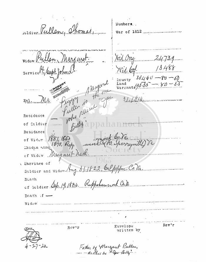 Information on Pension for Thomas Pullen, War of 1812 Veteran