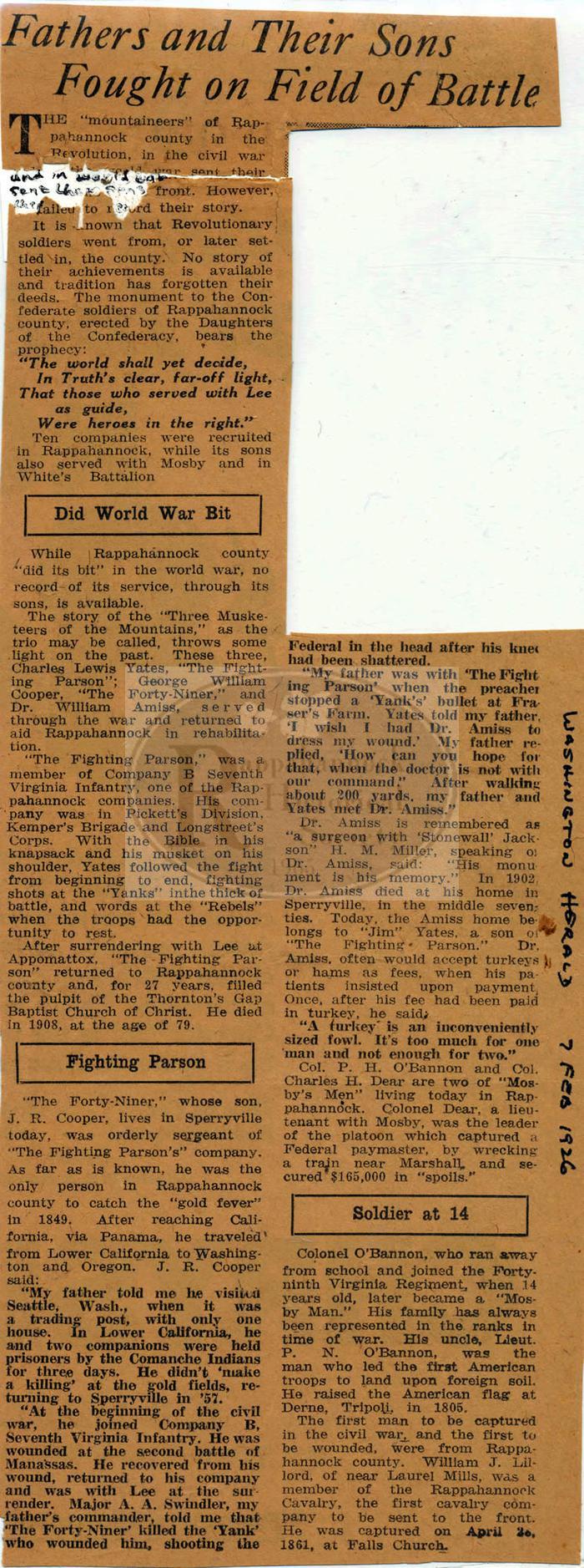 Washington Herald Article:Rappahannock Mountaineers Fought in all American Wars
