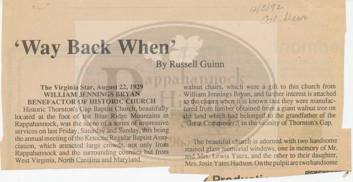 William Jennings Bryan Benefactor of Historic Church