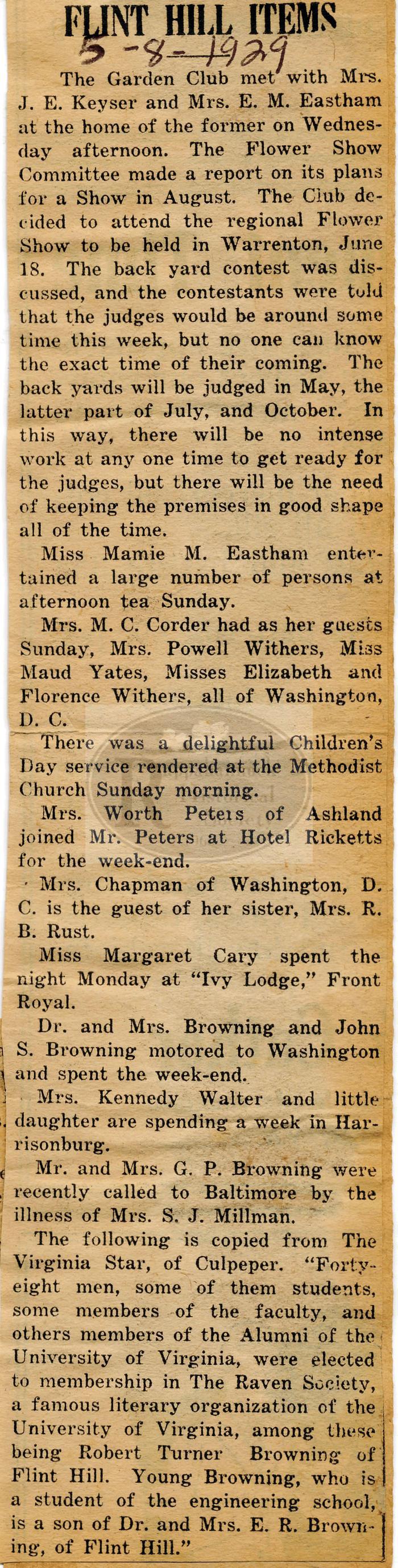 Flint Hill Items from the Front Royal Record May 8, 1929