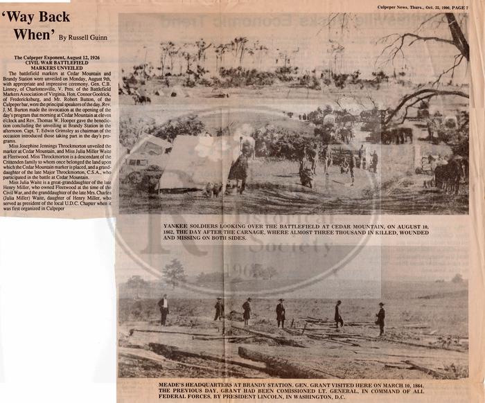 Markers Unveiled at Cedar Mountain and Brandy Station in 1926